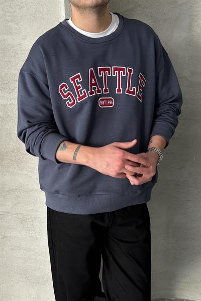 Erkek Seattle Baskılı Oversize Sweatshirt FÜME