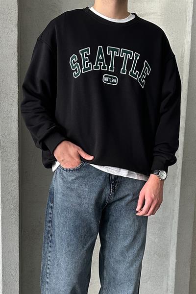 Erkek Seattle Baskılı Oversize Sweatshirt COKRENKLI