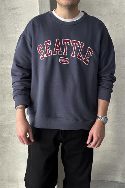 Erkek Seattle Baskılı Oversize Sweatshirt FÜME