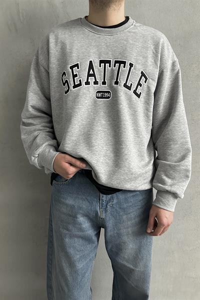 Erkek Seattle Baskılı Oversize Sweatshirt Gri