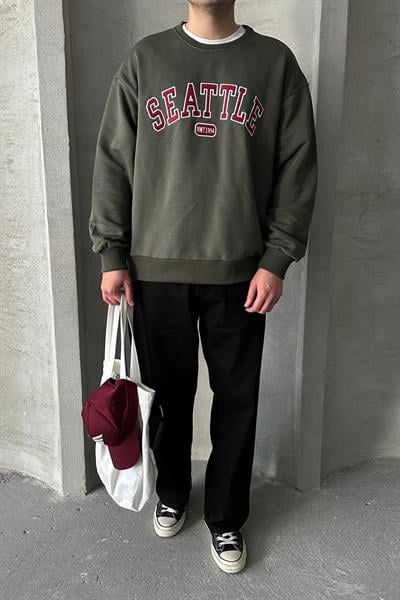 Erkek Seattle Baskılı Oversize Sweatshirt Haki