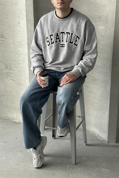 Erkek Seattle Baskılı Oversize Sweatshirt Gri