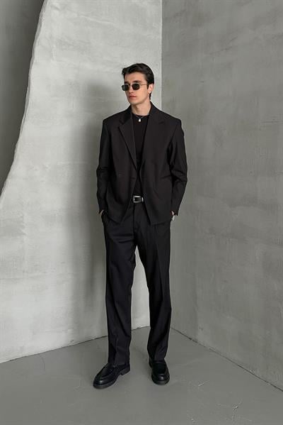 Erkek Tek Düğmeli Oversize Takım Elbise Siyah