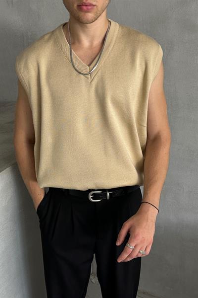 Erkek V Yaka Oversize Süveter Bej