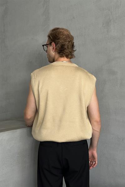Erkek V Yaka Oversize Süveter Bej