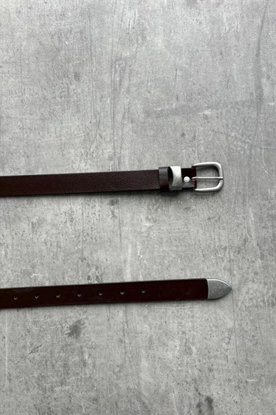 Erkek Vintage Ucu Metal Detaylı Deri Kemer Kahverengi