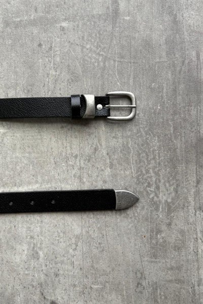 Erkek Vintage Ucu Metal Detaylı Deri Kemer Siyah