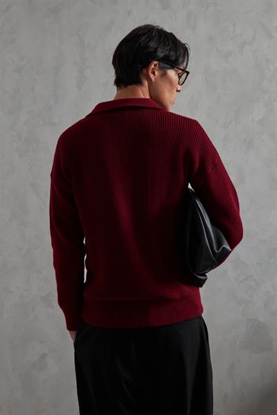 Erkek Yakası Düğmeli Oversize Kazak Bordo