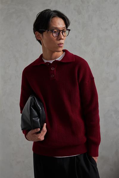 Erkek Yakası Düğmeli Oversize Kazak Bordo