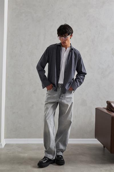 Erkek Oversize %100 Pamuk Ekose Gömlek Haki