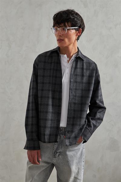 Erkek Oversize %100 Pamuk Ekose Gömlek Siyah