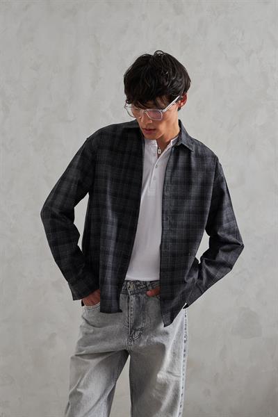 Erkek Oversize %100 Pamuk Ekose Gömlek Siyah