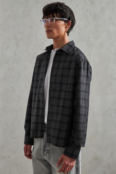 Erkek Oversize %100 Pamuk Ekose Gömlek Siyah