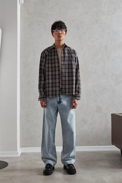 Erkek Oversize %100 Pamuk Ekose Gömlek Bej