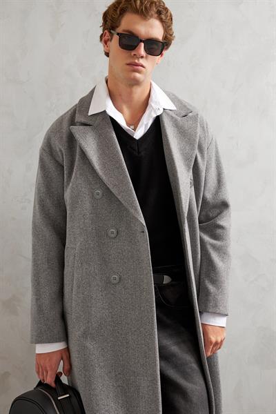 Erkek Oversize Astarlı Uzun Kaşe Kaban  Gri