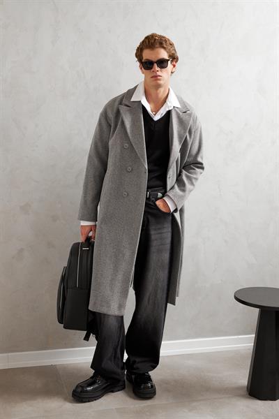 Erkek Oversize Astarlı Uzun Kaşe Kaban  Gri