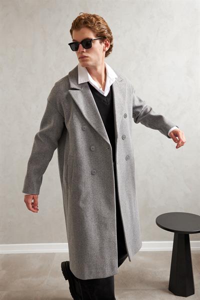 Erkek Oversize Astarlı Uzun Kaşe Kaban  Gri