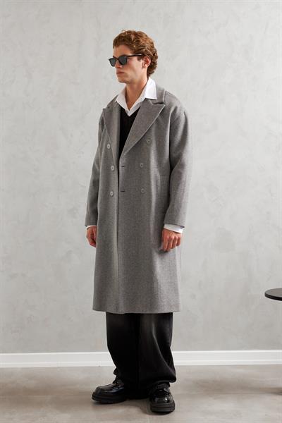 Erkek Oversize Astarlı Uzun Kaşe Kaban  Gri