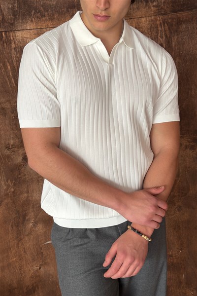 Erkek Oversize Fitilli Polo Yaka İnce Triko T-shirt Beyaz