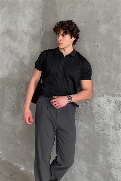 Erkek Oversize Fitilli Polo Yaka İnce Triko T-shirt Siyah