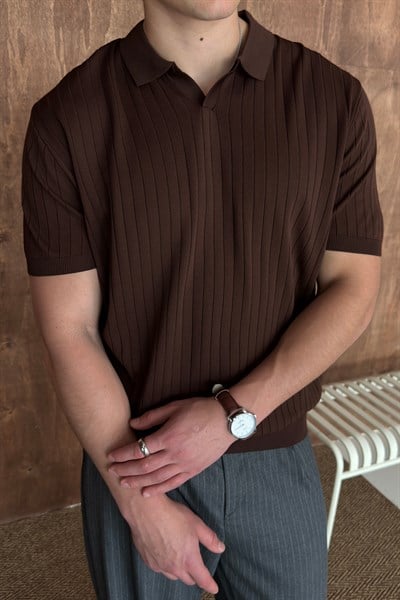 Erkek Oversize Fitilli Polo Yaka İnce Triko T-shirt Kahverengi