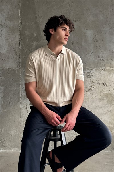 Erkek Oversize Fitilli Polo Yaka İnce Triko T-shirt Bej