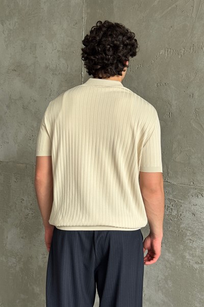 Erkek Oversize Fitilli Polo Yaka İnce Triko T-shirt Bej
