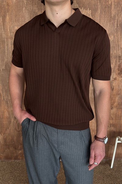 Erkek Oversize Fitilli Polo Yaka İnce Triko T-shirt Kahverengi
