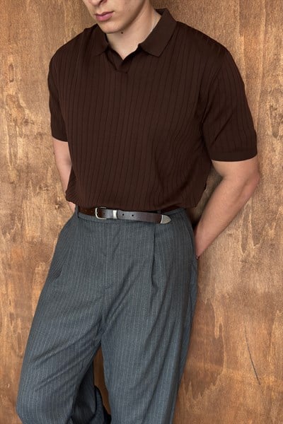 Erkek Oversize Fitilli Polo Yaka İnce Triko T-shirt Kahverengi