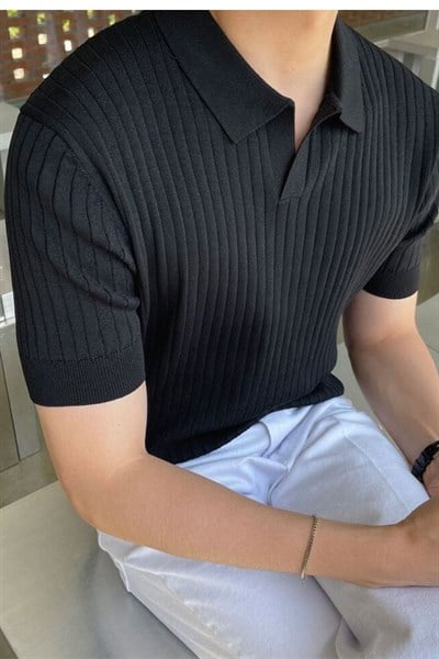 Erkek Oversize Fitilli Polo Yaka İnce Triko T-shirt Siyah