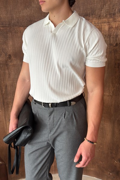 Erkek Oversize Fitilli Polo Yaka İnce Triko T-shirt Beyaz