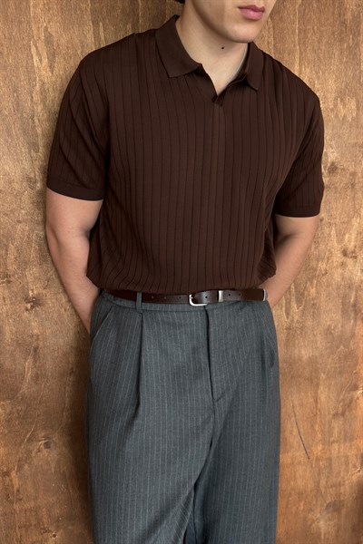 Erkek Oversize Fitilli Polo Yaka İnce Triko T-shirt Kahverengi