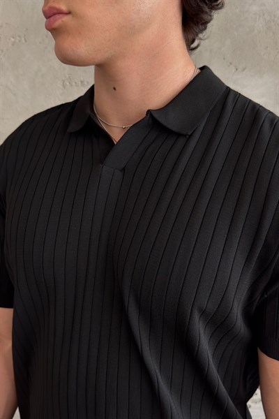 Erkek Oversize Fitilli Polo Yaka İnce Triko T-shirt Siyah