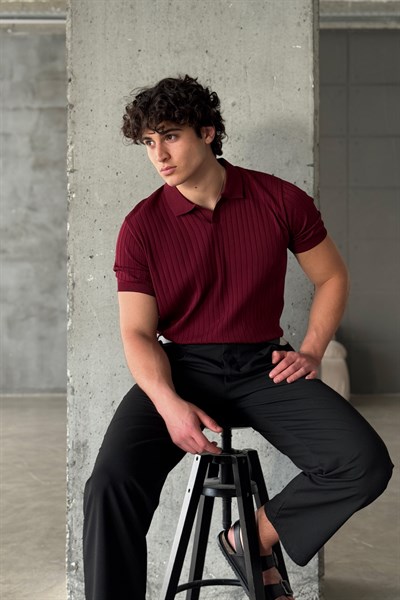 Erkek Oversize Fitilli Polo Yaka İnce Triko T-shirt Bordo