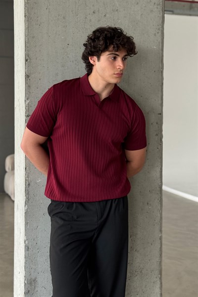 Erkek Oversize Fitilli Polo Yaka İnce Triko T-shirt Bordo