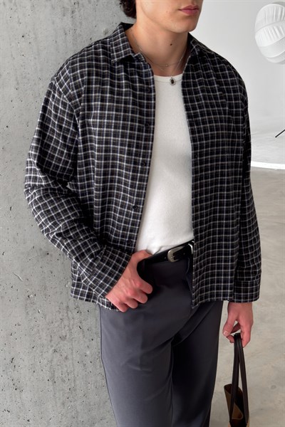 Erkek Oversize Kesim Kareli Gömlek Siyah