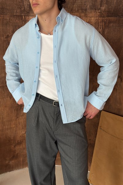 Erkek Oversize Kesim Keten Görünümlü Gömlek Açık Mavi
