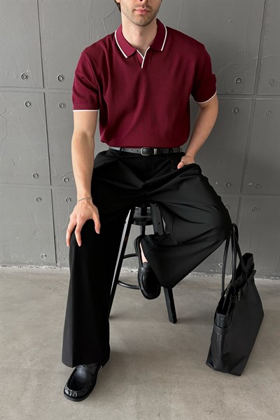 Erkek Oversize Selanik Polo Yaka Triko T-Shirt Bordo