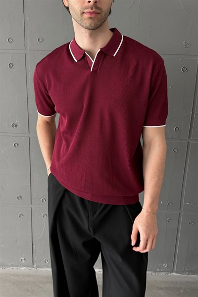 Erkek Oversize Selanik Polo Yaka Triko T-Shirt Bordo