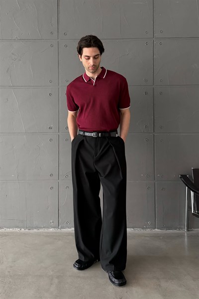 Erkek Oversize Selanik Polo Yaka Triko T-Shirt Bordo