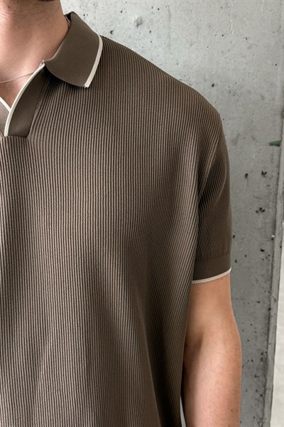 Erkek Oversize Selanik Polo Yaka Triko T-Shirt Açık Kahve