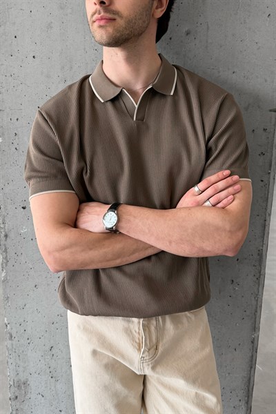 Erkek Oversize Selanik Polo Yaka Triko T-Shirt Açık Kahve