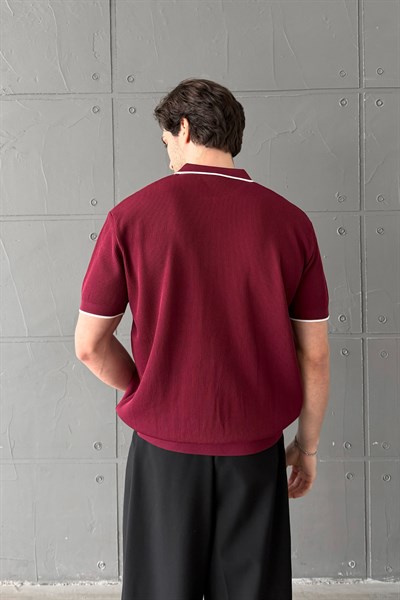 Erkek Oversize Selanik Polo Yaka Triko T-Shirt Bordo