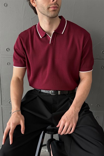 Erkek Oversize Selanik Polo Yaka Triko T-Shirt Bordo