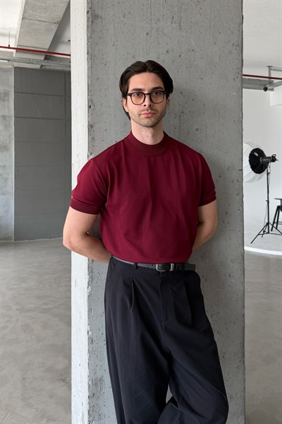 Erkek Oversize Yarım Balıkçı Triko Kısa Kol T-shirt Bordo