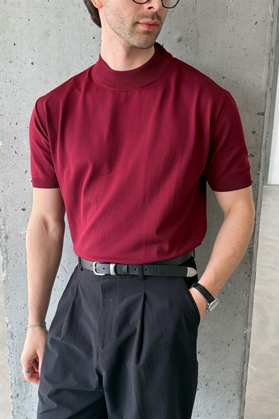 Erkek Oversize Yarım Balıkçı Triko Kısa Kol T-shirt Bordo