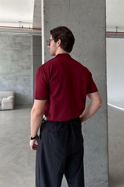 Erkek Oversize Yarım Balıkçı Triko Kısa Kol T-shirt Bordo