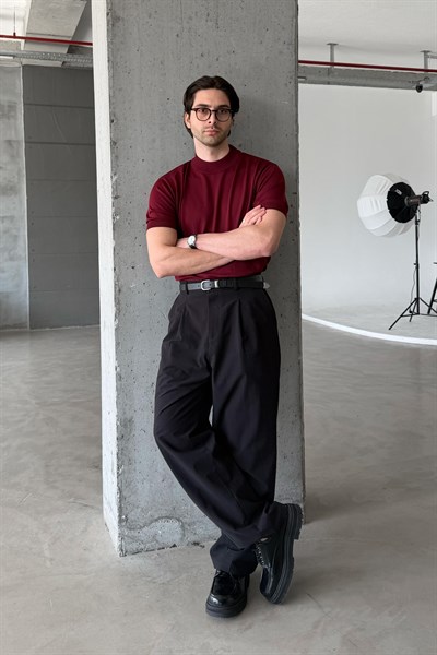 Erkek Oversize Yarım Balıkçı Triko Kısa Kol T-shirt Bordo