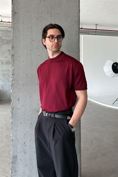 Erkek Oversize Yarım Balıkçı Triko Kısa Kol T-shirt Bordo