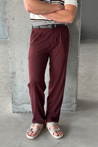 Erkek Pileli Baggy Kalıp Kumaş Pantolon Bordo